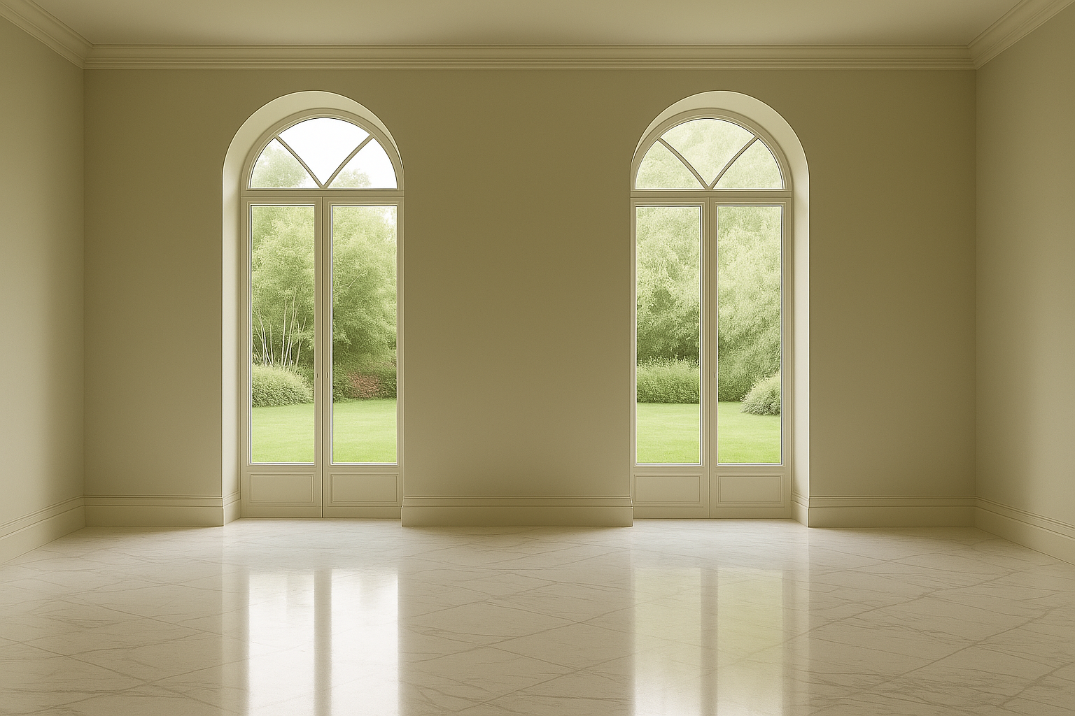 An empty living room with two tall arched garden windows, olive walls and a polished marble floor.