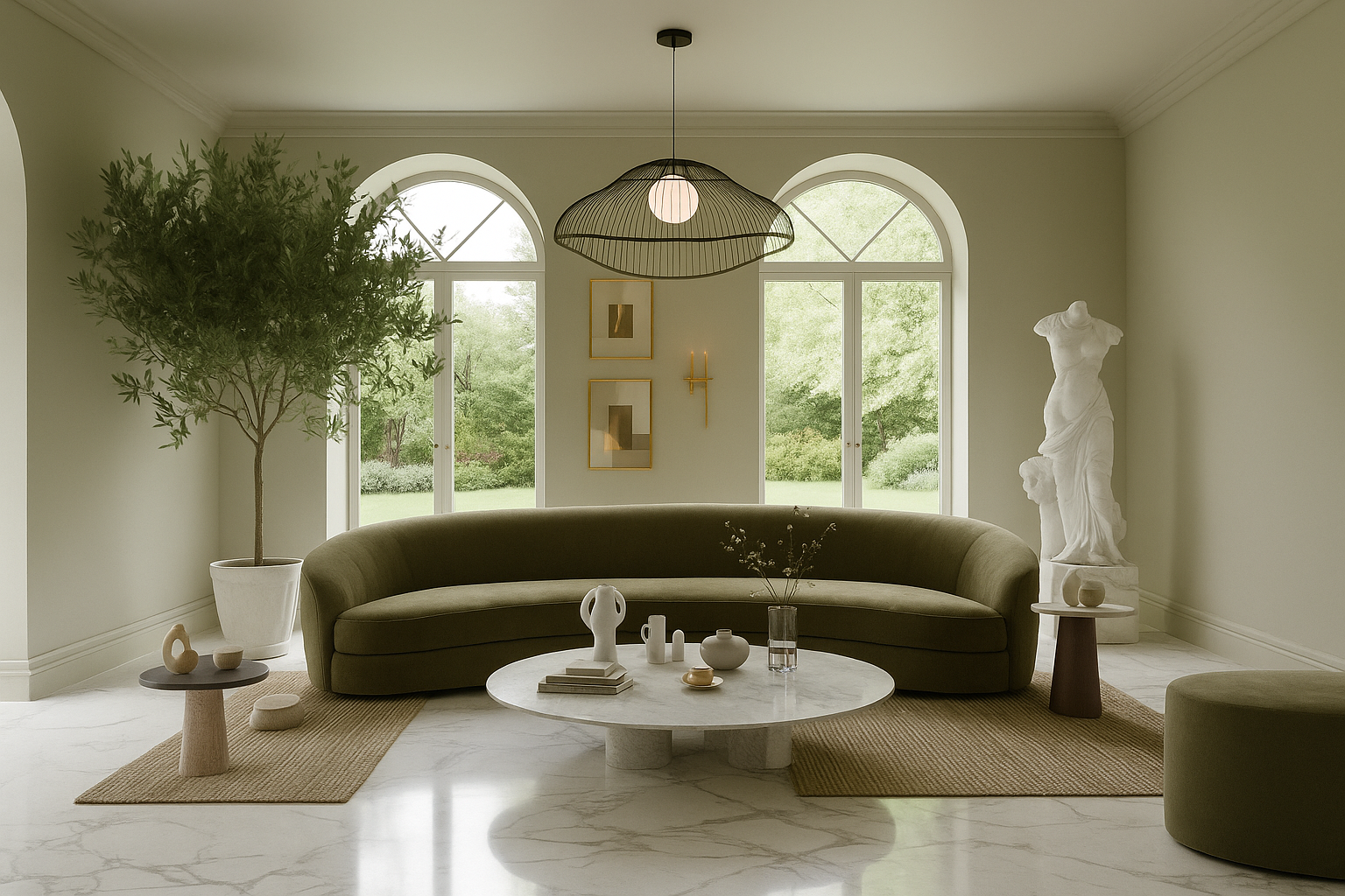 The same room furnished — a curved olive sofa, round marble table, olive tree, sculpture and woven rugs.