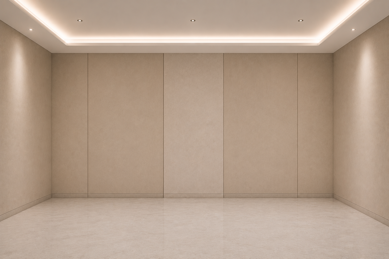 An empty interior with tall arched windows, olive walls and a polished marble floor.