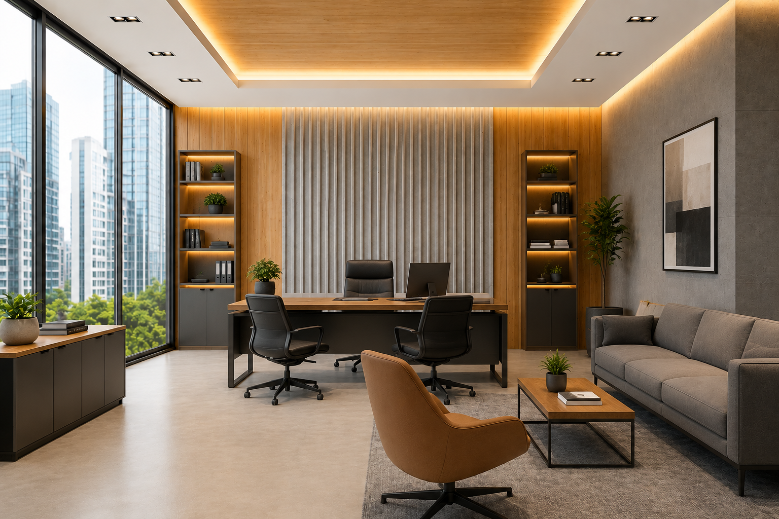 The same space fitted out — seating, a round marble table, planting and sculpture.